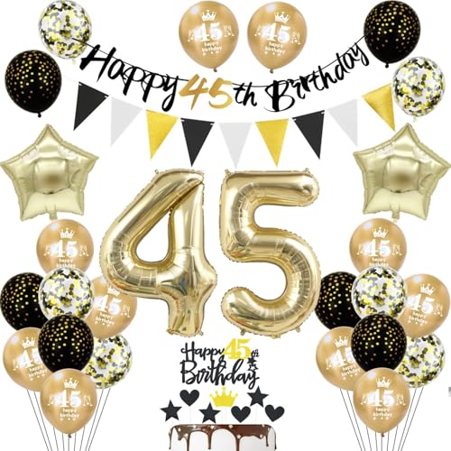 Decoración 45 años cumpleaños hombre mujer, banderola negra 45 años cumpleaños guirnalda...
