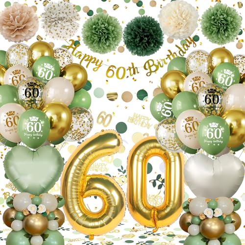 Decoracion 60 Cumpleaños Mujer Hombre, Globos 60 Cumpleaños Verdes Oro con Guirnalda Happy 60th...