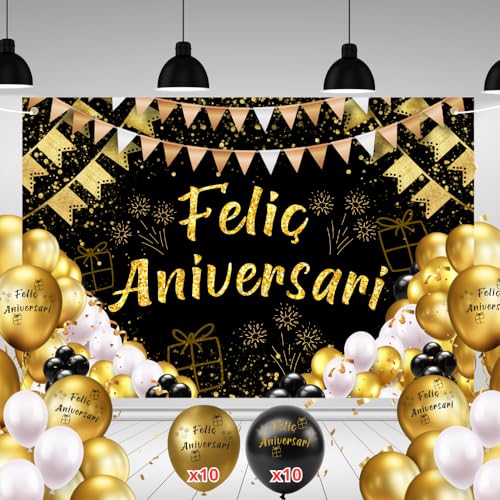Pancarta Feliç Aniversari Català + 20 Globos | 110x180cm, Agujeros en las Esquinas y Cuerda de 6...