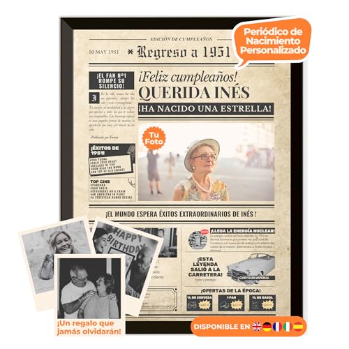 Periódico de cumpleaños 1951 - póster personalizado año nacimiento con foto, nombre y mensaje -...