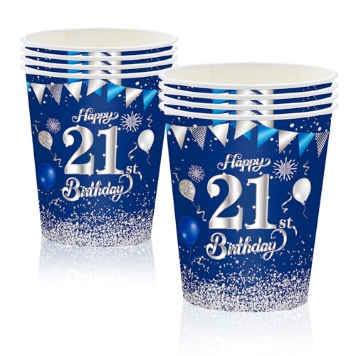 MORAINJAY 16 tazas de cumpleaños para 22 onzas/250 ml, vasos de papel azul marino y plateado para...