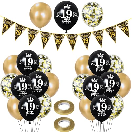 globos 19 años cumpleaños niño niña decoración, 23 piezas de Negros globos de látex de oro...