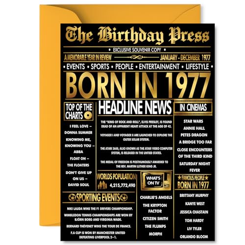 Tarjeta dorada de cumpleaños número 48 para hombres y mujeres, periódico negro y dorado nacido en...