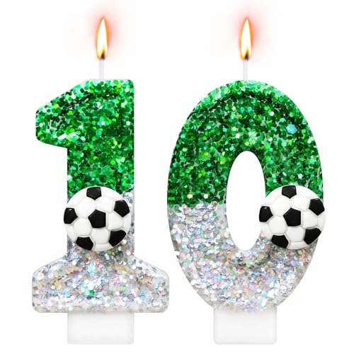 Alaoo Velas Cumpleaños Números 10,3D Fútbol Verde Vela,Vela de Número 10 de Pastel...