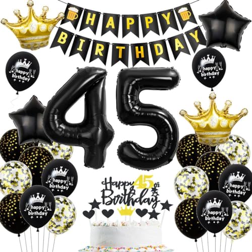 Oro Negro 45 Cumpleaños Hombre Mujer Decoración, Globos 45 Cumpleaños Decoración Negro Oro, 45...