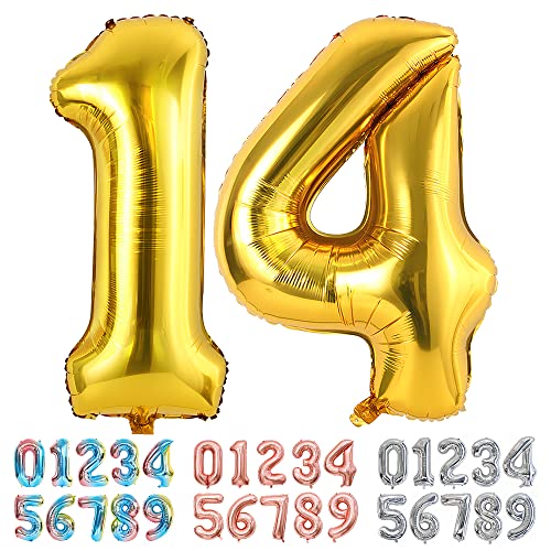 Ponmoo Foil Globo Número 14/41 Dorado, Gigante Numeros 0 1 2 3 4 5 6 7 8 9 10-19 20-29 30 40 50 60...