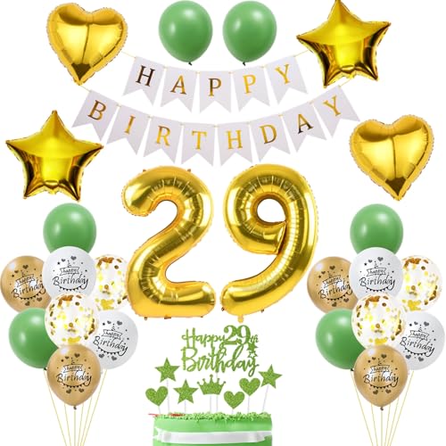 Decoración 29 Cumpleaños, Decoración Globos Mujer 29 Años Oro Verde, Decoración para Tartas 29...