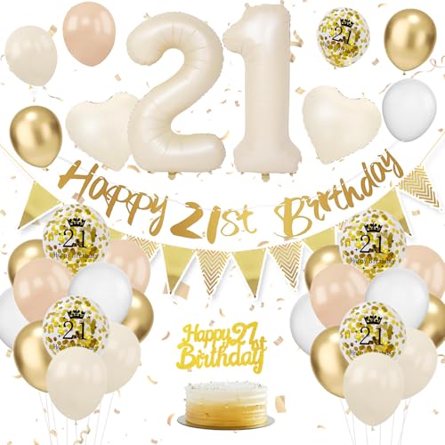 Decoracion Cumpleaños 21 Años Beige, Globos 21 Cumpleaños Beige, Globos de Aluminio, pancartas de...