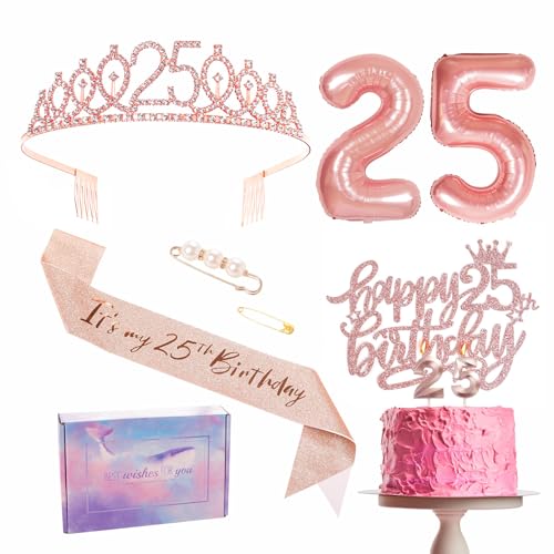 Decoraciones de cumpleaños número 25 de oro rosa: faja, tiara, decoración de tartas, globos de...