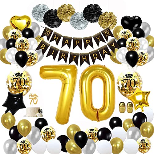 70 Años Decoracion Cumpleaños Oro Negro, Decoracion Fiesta 70 Cumpleaños, Globos 70 Cumpleaños, Pompones de Papel para 70 cumpleaños Hombres Mujeres Adultos feliz Decoración Reutilizable
