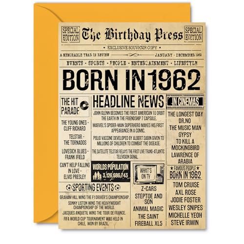 Tarjeta de cumpleaños número 63 para hombres y mujeres – Bday Press Newspaper 1962 – Tarjetas...