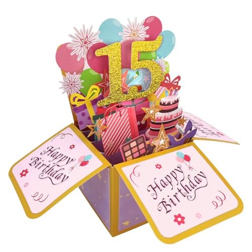Happy 15th Birthday Pop Up Tarjeta para niña, 15 años de edad, idea de regalo de cumpleaños para...