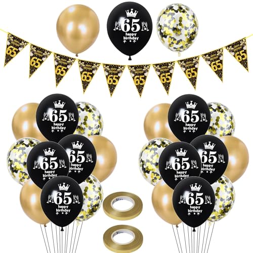 globos 65 años cumpleaños mujer hombre decoración, 23 piezas de Negros globos de látex de oro...