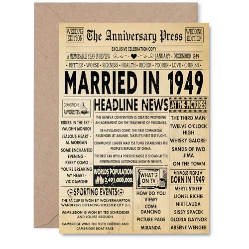 Tarjeta de 76 aniversario para hombres y mujeres, periódico vintage casado en 1949, tarjeta de...