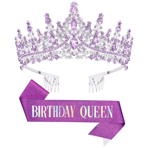 DRESHOW Corona y Fajín de Cumpleaños para Mujer Fajín de Reina de Cumpleaños y Tiara de Strass...