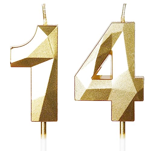 Yiran Velas de cumpleaños para 14 años, vela número 14, doradas, para tarta y pastel,...