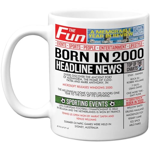 Stuff4 Taza de regalo de cumpleaños número 25 para hombres y mujeres – Nacido en el periódico...