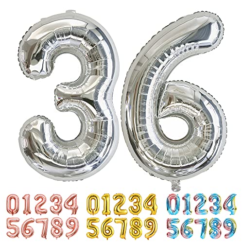 Ponmoo Foil Globo Número 36 63 Plata, Gigante Numeros 0 1 2 3 4 5 6 7 8 9 10-19 20-29 30-39 40 50...