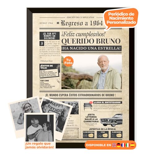 Periódico de cumpleaños 1964 – póster personalizado año nacimiento con foto, nombre y mensaje...