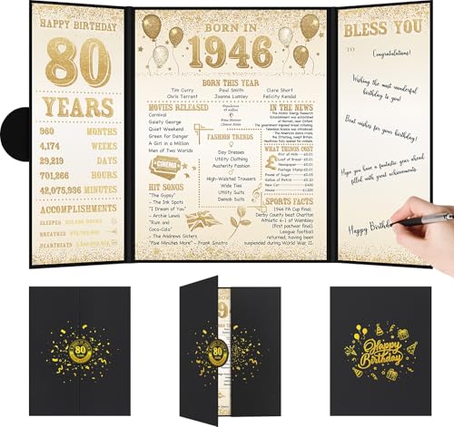 Benjia Decoración de cumpleaños número 80, tarjeta de cumpleaños, libro de firmas de invitados...