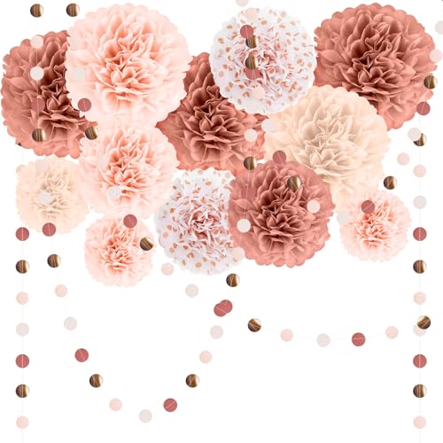 Pompones de Papel Decoración Cumpleaños Champán y Oro Rosa, 15 Piezas Flores de Papel de Seda con...