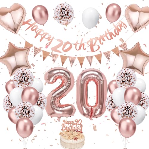 VUCDXOP Decoraciones de cumpleaños número 20, globos dorados rosa con el número 20, pancarta y...