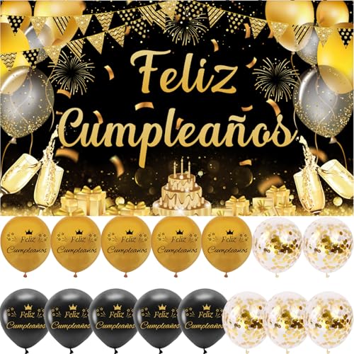 Decoración Cumpleaños en Español - Pancarta Feliz Cumpleños, 15 Globos, Photocall, Fondo Cartel,...