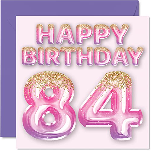 Tarjeta de cumpleaños número 84 para mujer, globos de purpurina rosa y morada, tarjetas de feliz...