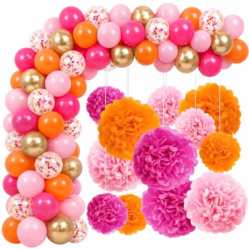 73 Piezas Decoraciones de Fiesta Rosa y Naranja, Naranja y Rosa Globos, Pompones de Papel de Seda...