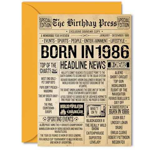 Tarjeta de cumpleaños número 39 para hombres y mujeres – Bday Press Newspaper 1986 – Tarjetas...