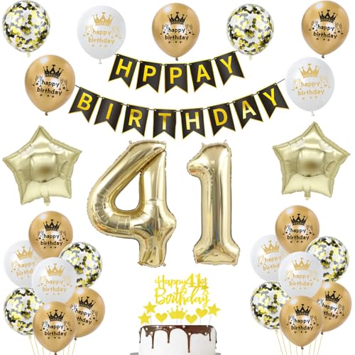 Decoración Globos 41 Cumpleaños Hombre y Mujer - Dorados y Negros - Topper Tarta 41 Años - Deco...