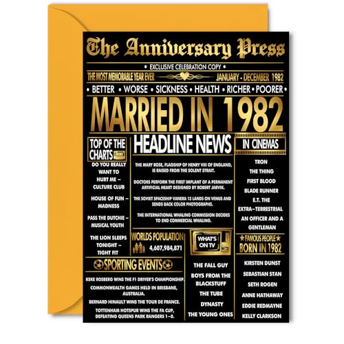 Tarjeta dorada de 43 aniversario para mujeres y hombres, periódico dorado casado en 1982, tarjeta...