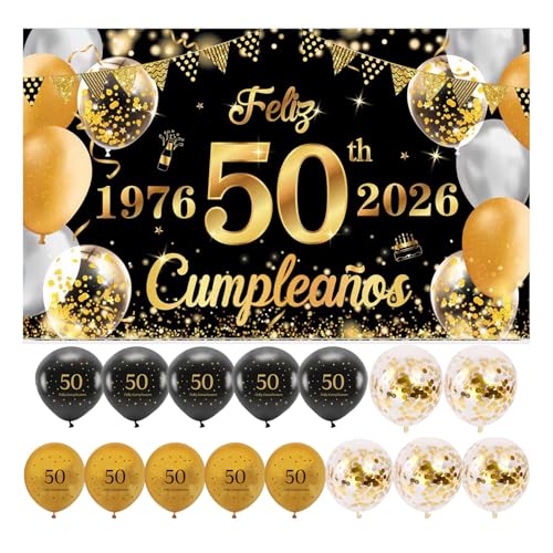 (1+15) Decoración para Cumpleaños 50 Escrita en Español 1 Pancarta Feliz Cumpleños 50...