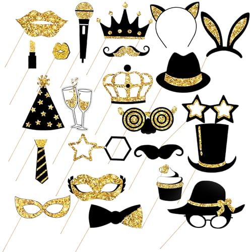 KELAV Kit Photocall 23 Piezas con Palos-Accesorios NegroDorado para graduacion/50...