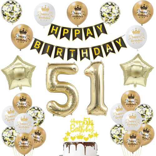 Decoración Globos 51 Cumpleaños Hombre Mujer Dorados Negros - Decoracion Tarta 51 Años, Deco...