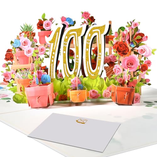 Tarjeta 3D desplegable para 100 cumpleaños o 100 aniversario de boda, elegante tarjeta de rosas...