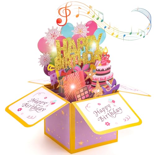 MOWETOO - Tarjeta de cumpleaños con música, luces LED y velas soplables, caja de regalo emergente...