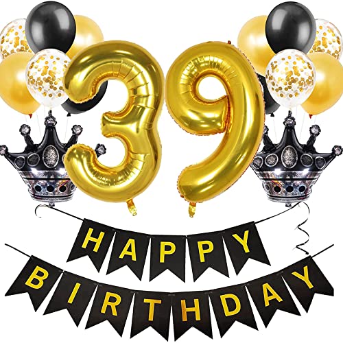 Feelairy Globo de Cumpleaño 39 años Mujer, Oro Negro Decoracion de Cumpleaño 39 años Hombre,...