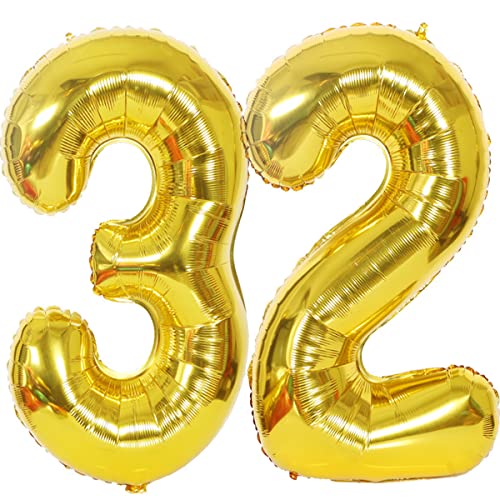 Foil Globo Número 32 Dorados Globo Número 32 Dorados 100cm Gigante Globos de Cumpleaños Numeros...