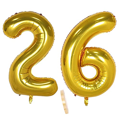 2 globos numeros 26 años, Number globo número 26 Dorado para Hombres Mujeres niños,40' Figuras...