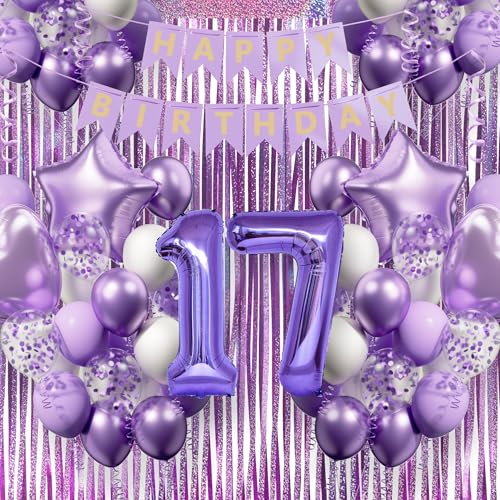DEUXYU Decoración de cumpleaños para niña de 17 años, globos morados, decoración de cumpleaños...