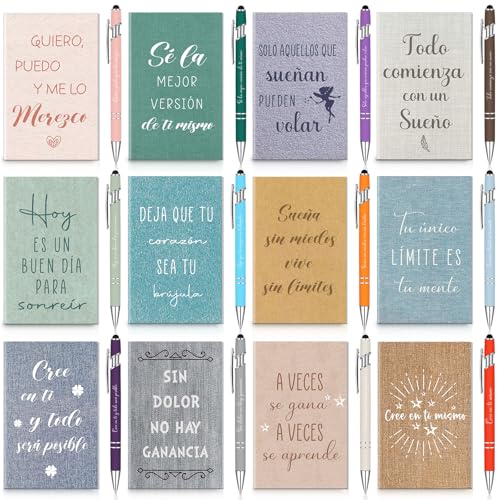 Clabby Set de 12 Mini Cuadernos Motivadoras en Español y 12 Bolígrafos con Tinta Negra –...