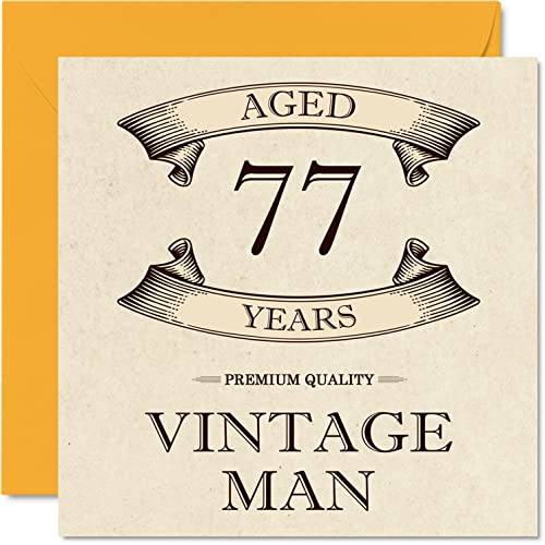 Tarjetas de cumpleaños 77 vintage para hombres, 77 años, divertida tarjeta de cumpleaños para abuelo, papá, marido, tío, hermano, abuelo, 145 mm x 145 mm, tarjeta de felicitación de 77 cumpleaños