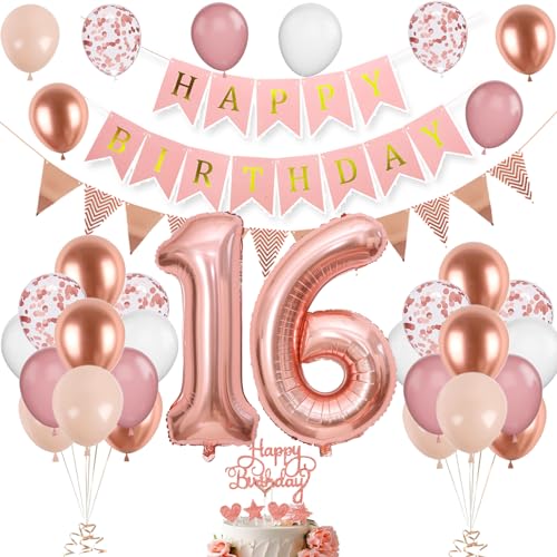 Globos de cumpleaños número 16 de oro rosa y rosa, número 16, pancarta de feliz cumpleaños y...