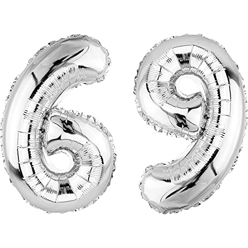 DekoRex Globo plateado de 82 cm para cumpleaños, aniversario, boda, decoración (número 69)