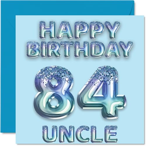 Tarjeta de cumpleaños número 84 para tío, globos de fiesta con purpurina azul, tarjetas de feliz...