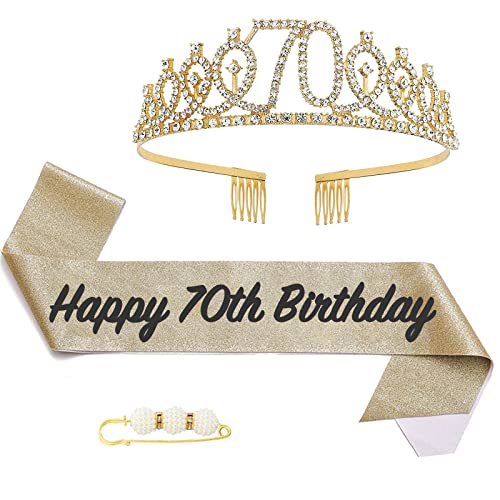 POPOYU Banda y tiara de reina de 70 cumpleaños, corona y banda dorada de 70 cumpleaños para ella,...
