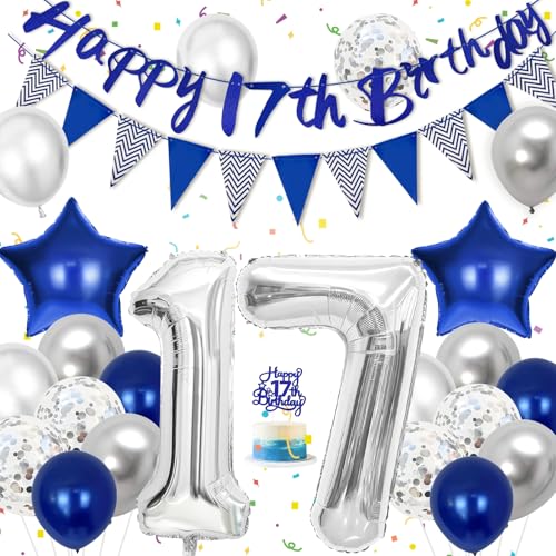 Hierein Decoracion Cumpleaños 17 Años, Azul Plata Globos Cumpleaños con Pancarta, Topper de...