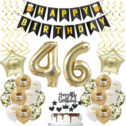 Hongyantech Decoración 46 Cumpleaños Hombre y Mujer: Globos Oro y Negro, Pancarta Feliz...