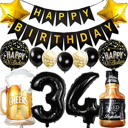 Ouceanwin Decoración 34 Años Hombre Mujer, Globos Oro Negro, Foil Whisky Cerveza Vaso Globo de...